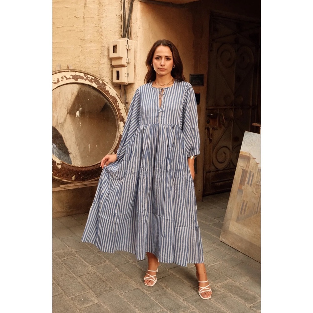 House of Sundar Tara‎ Midi Dress in Sky Lines Blue & White Stripe